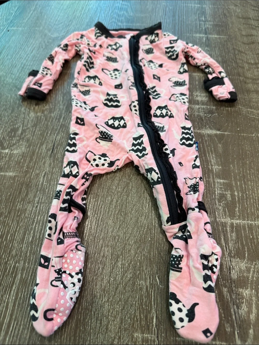 Kickee Pants Pink and Black Tea Cup Print Footed One-Piece